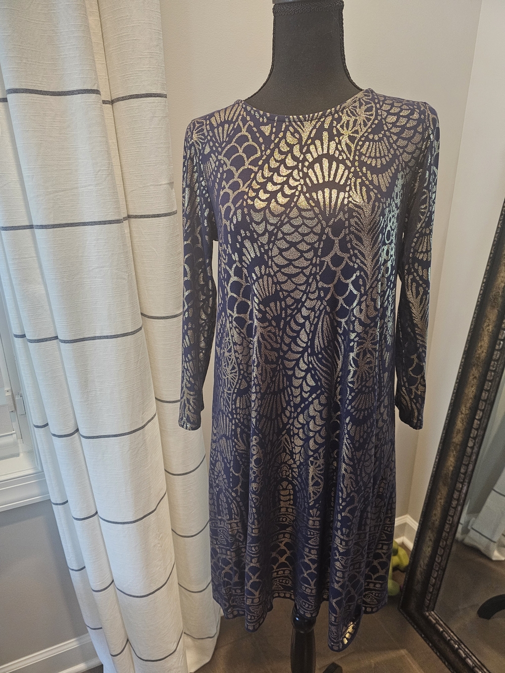 Women's Navy Blue Metallic Pattern Dress